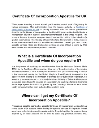 Certificate of Incorporation Apostille for UK