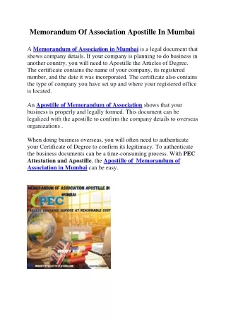 Memorandum Of Association Apostille In Mumbai