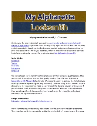 My Alpharetta Locksmith LLC Services