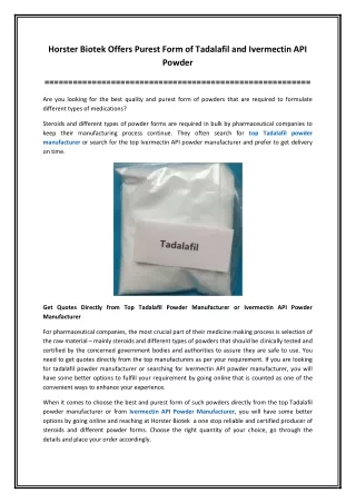 Horster Biotek Offers Purest Form of Tadalafil and Ivermectin API Powder