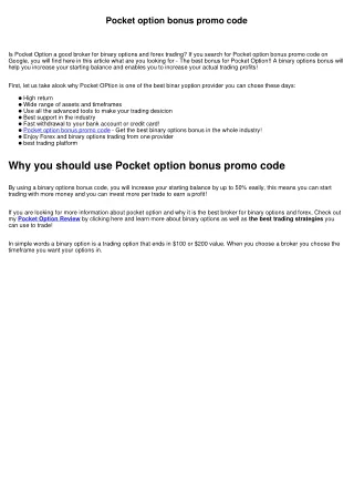 Pocket option bonus promo code