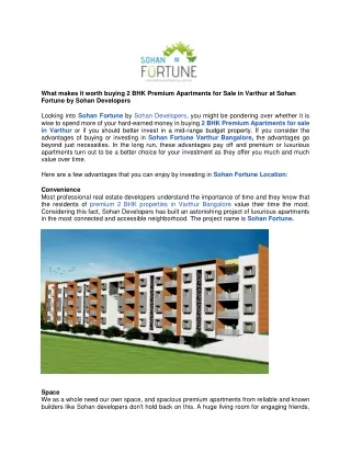 2 BHK Premium Apartments for Sale in Varthur at Sohan Fortune by Sohan Developers