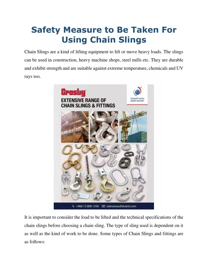 safety measure to be taken for using chain slings