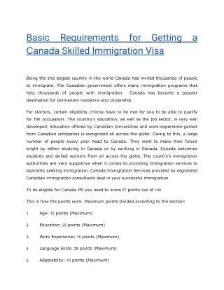Canada Skilled Immigration Visa