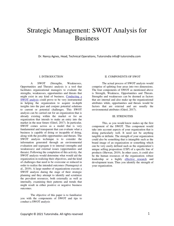 strategic management swot analysis for business