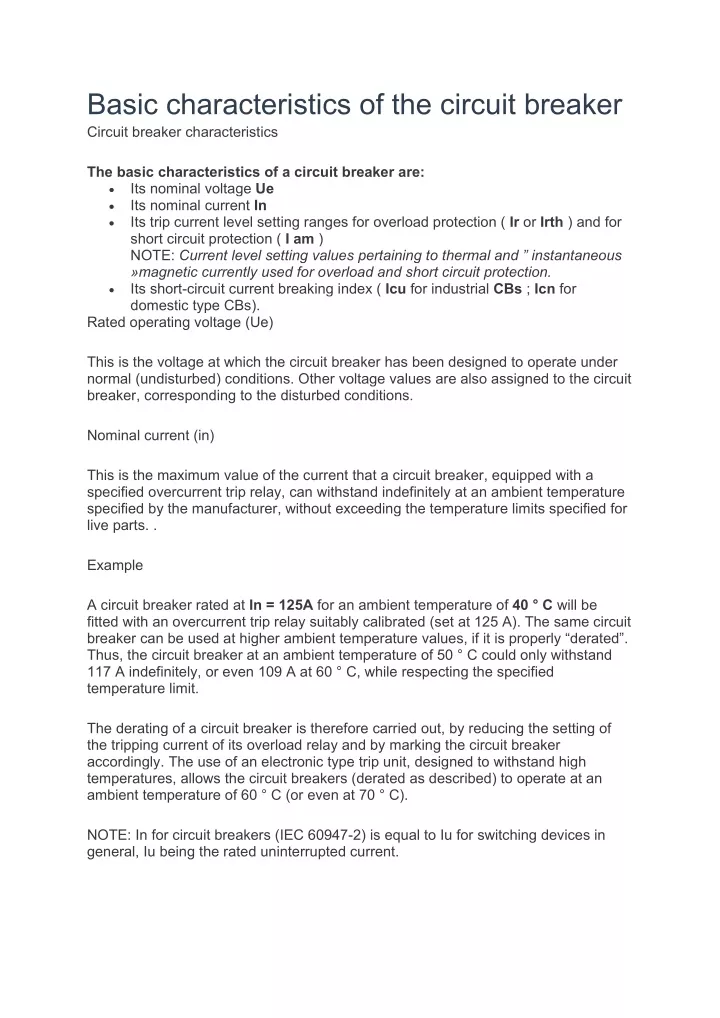 basic characteristics of the circuit breaker