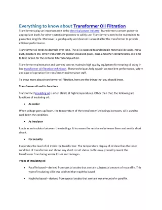 Everything to know about Transformer Oil Filtration