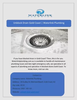 Unblock Drain Gold Coast | Waterlink Plumbing