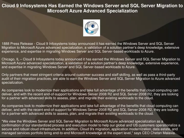 cloud 9 infosystems has earned the windows server