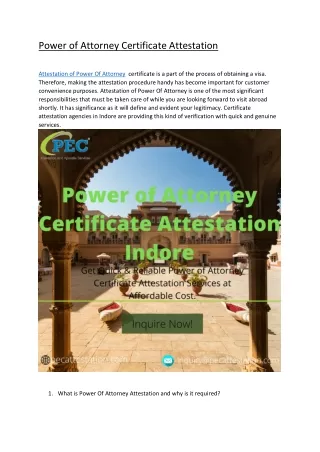 Power of Attorney Certificate Attestation in Indore