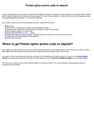 Pocket option promo code no deposit