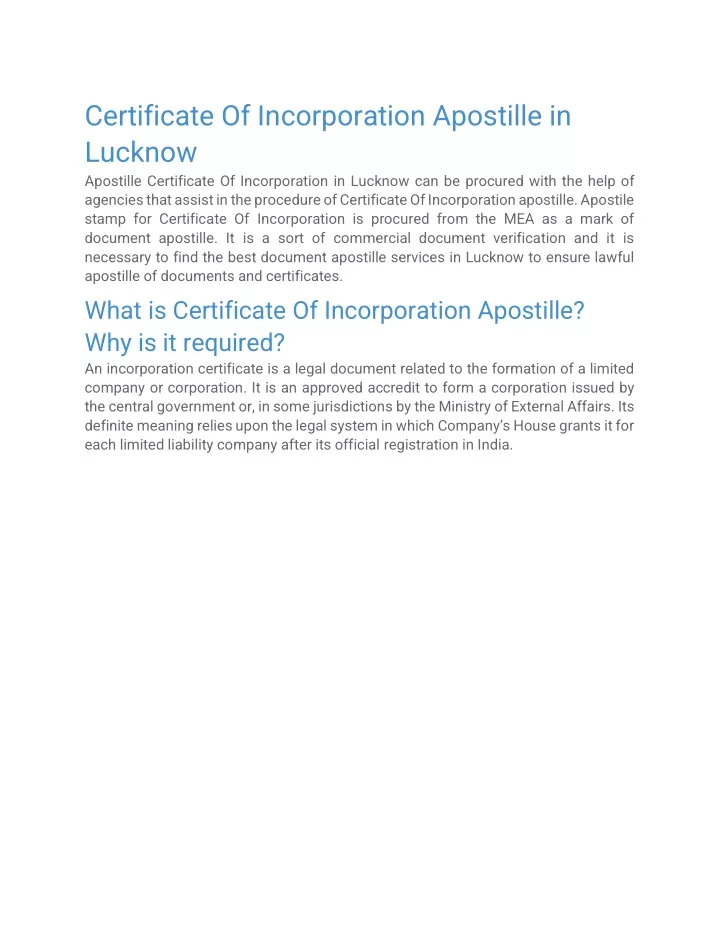certificate of incorporation apostille in lucknow