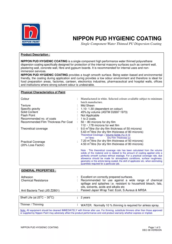 nippon pud hygienic coating single component