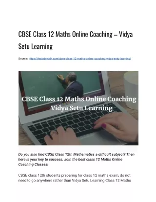 CBSE Class 12 Maths Online Coaching – Vidya Setu Learning