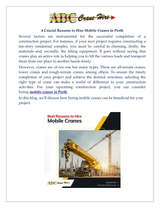 4 Crucial Reasons to Hire Mobile Cranes in Perth