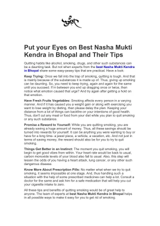 Put your Eyes on Best Nasha Mukti Kendra in Bhopal and Their Tips