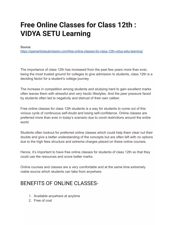 free online classes for class 12th vidya setu