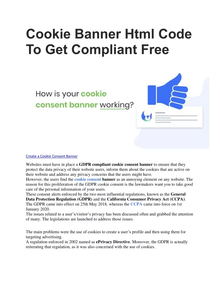 cookie banner html code to get compliant free