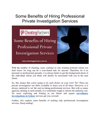 Some Benefits of Hiring ProfessionalPrivate Investigation Services