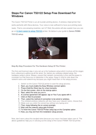 Steps For Canon TS3122 Setup Free Download For Windows