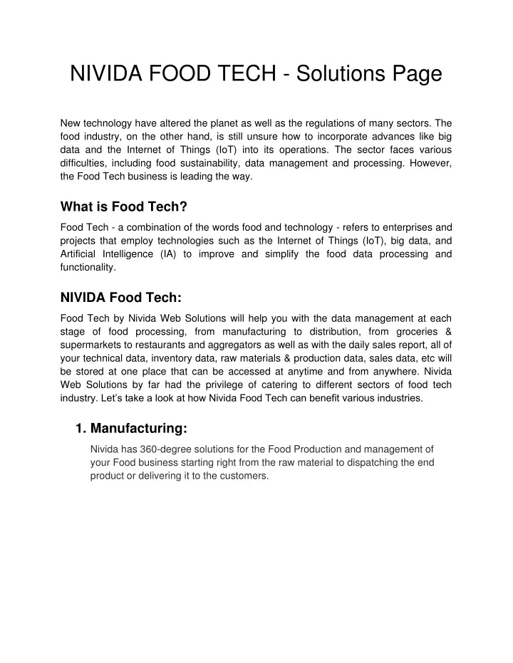 nivida food tech solutions page