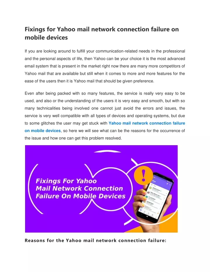 fixings for yahoo mail network connection failure
