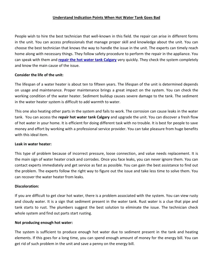 understand indication points when hot water tank