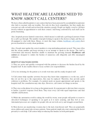 WHAT HEALTHCARE LEADERS NEED TO KNOW ABOUT CALL CENTERS