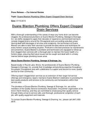 Duane Blanton Plumbing Offers Expert Clogged Drain Services