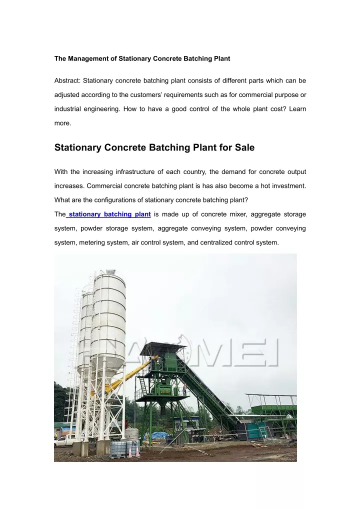 the management of stationary concrete batching
