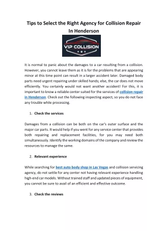 Tips to Select the Right Agency for Collision Repair In Henderson