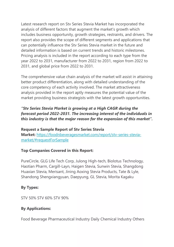 latest research report on stv series stevia