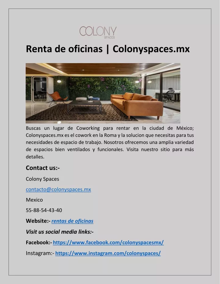 renta de oficinas colonyspaces mx