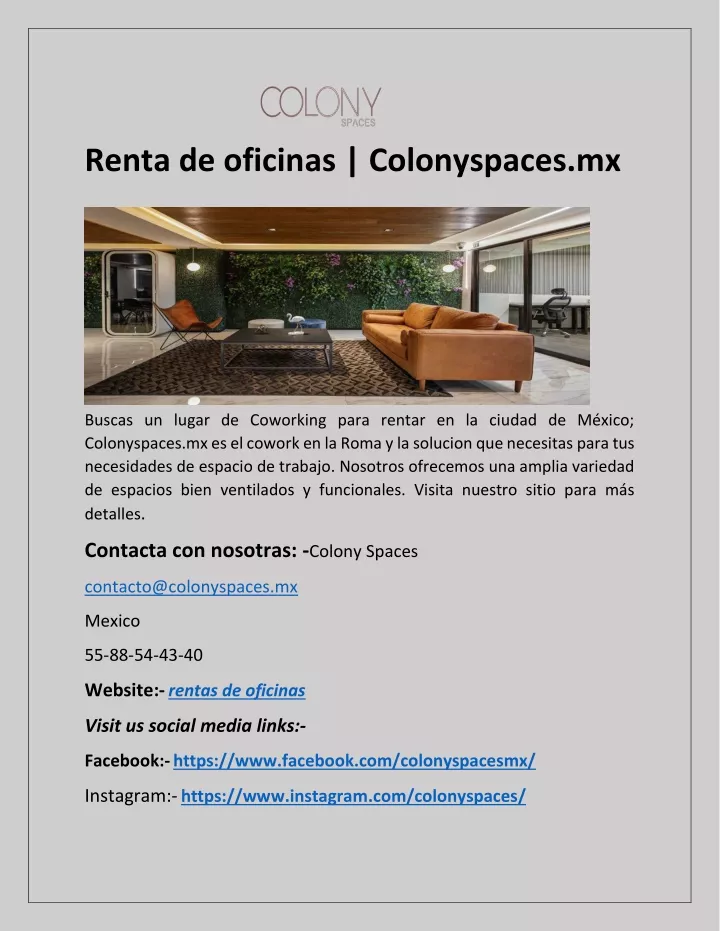 renta de oficinas colonyspaces mx