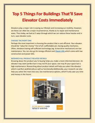 Top 5 Things For Buildings That’ll Save Elevator Costs Immediately