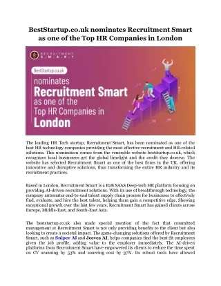 BestStartup.co.uk nominates Recruitment Smart as one of the Top HR Companies in London