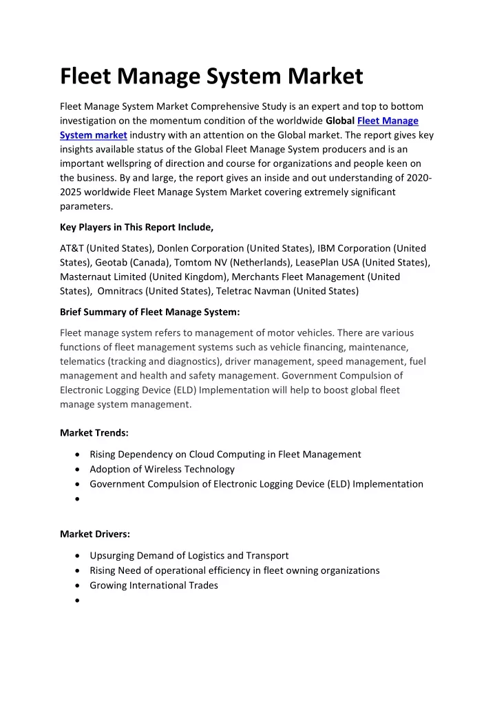 fleet manage system market