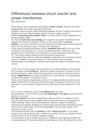 Differences between shunt reactor and power transformer