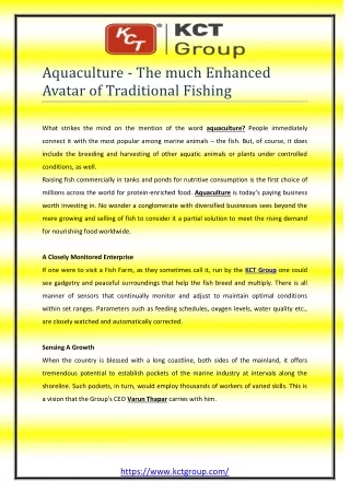 Aquaculture - The much Enhanced Avatar of Traditional Fishing