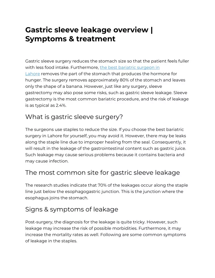 gastric sleeve leakage overview symptoms treatment