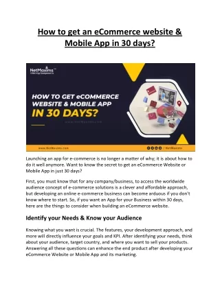 How to get an eCommerce Website & Mobile App in 30 days?