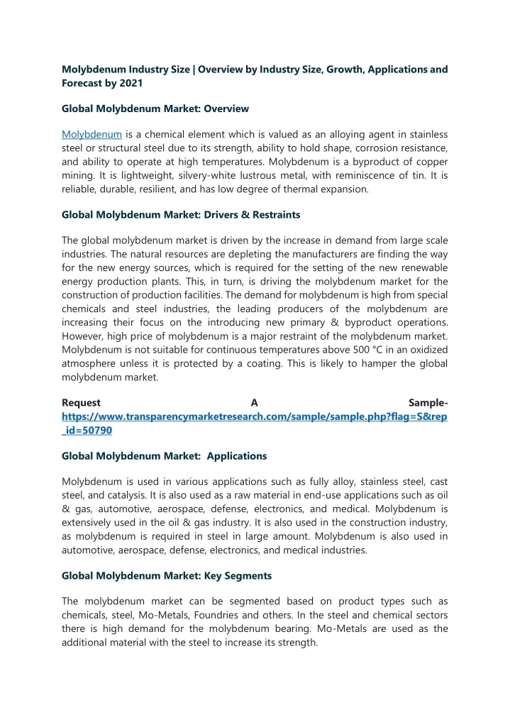 molybdenum industry size overview by industry