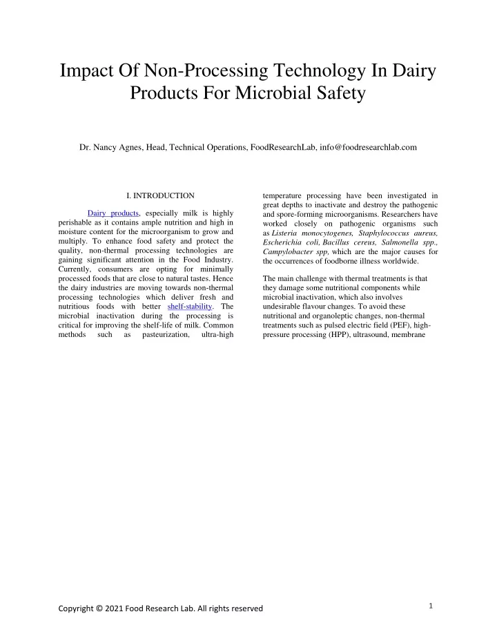 impact of non processing technology in dairy