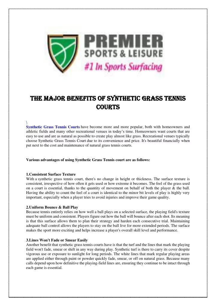 the major benefits of synthetic grass tennis