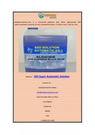 SSD Super Automatic Solution | Zahpharmachem.com