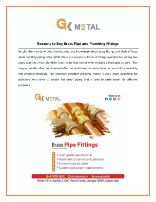 Brass Pipe and Plumbing Fittings Manufacturers in UK | GK Metals