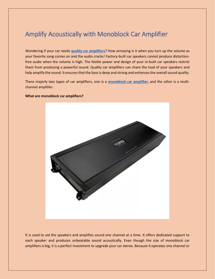 amplify acoustically with monoblock car amplifier