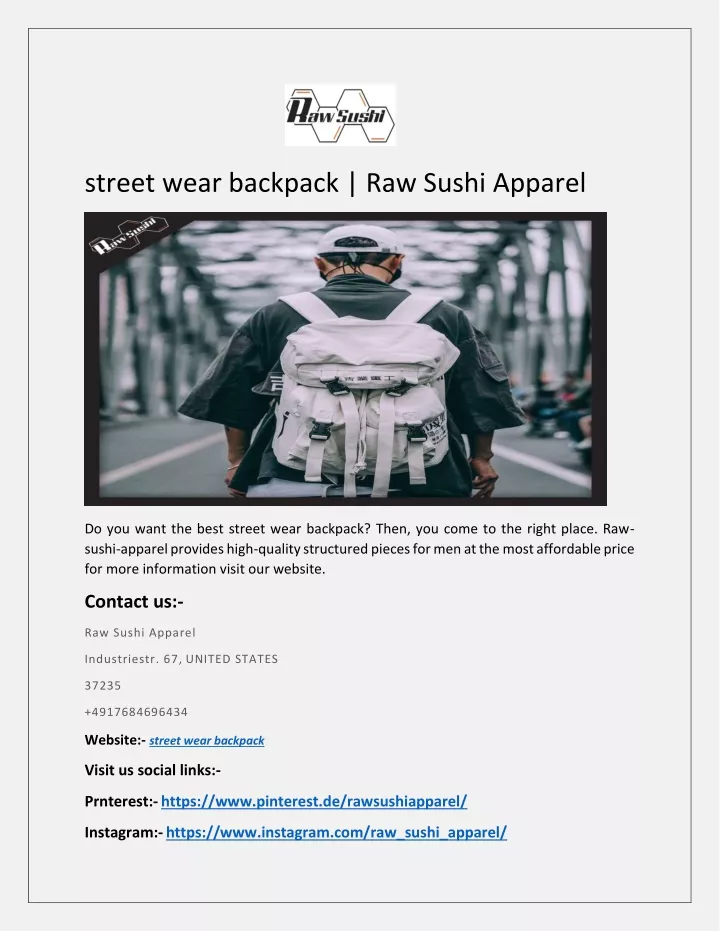 street wear backpack raw sushi apparel