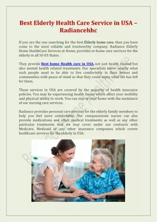 Best Elderly Health Care Service in USA @(413) 592-0101 – Radiancehhc