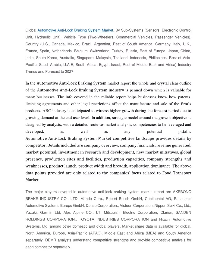 global automotive anti lock braking system market